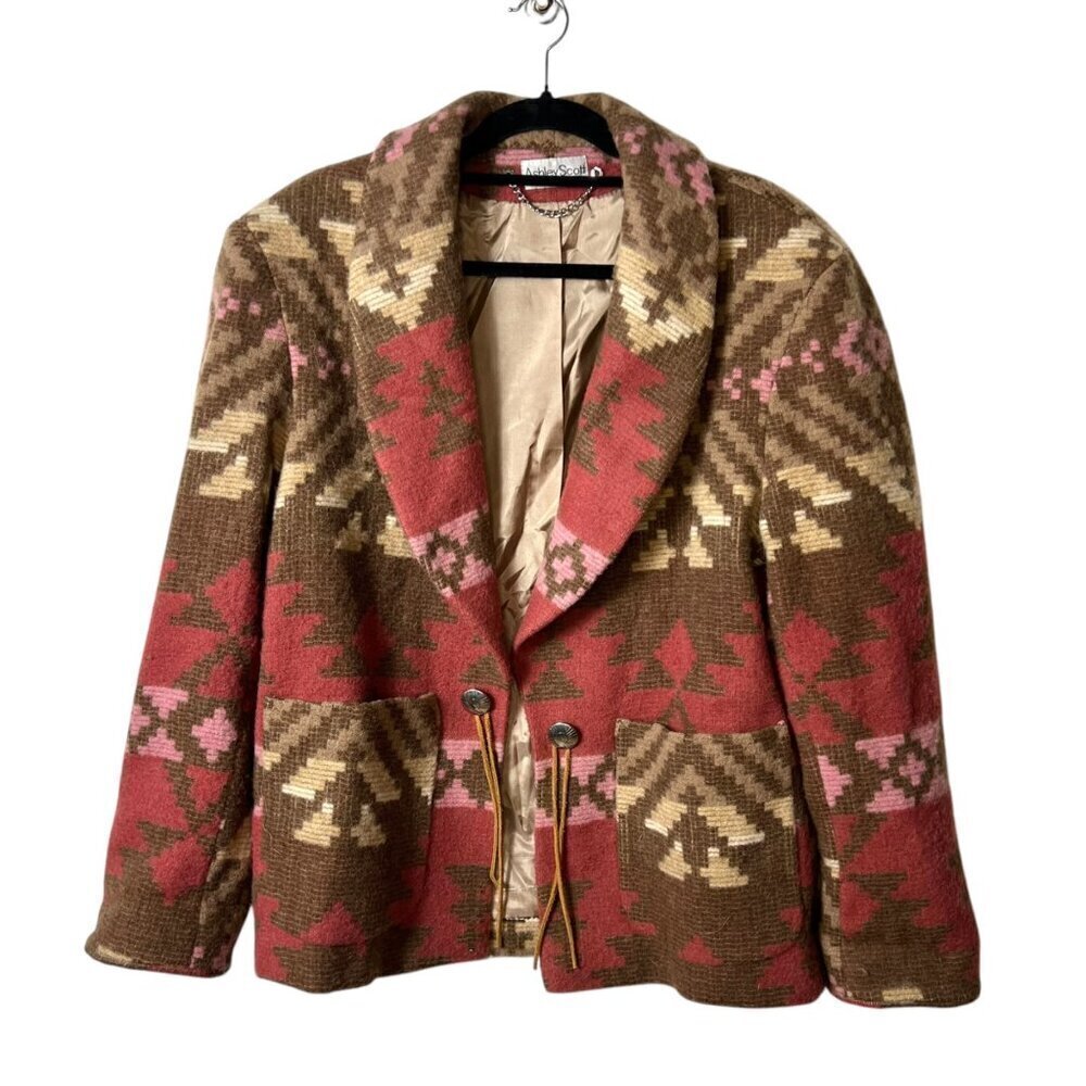 Vintage Ashley Scott wool western ranch multicolor open jacket women’s size‎ L